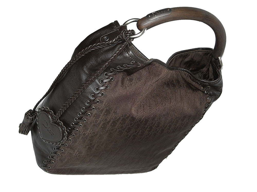 ALMOST NEW ! Dior Brown Calf w Diorissimo Canvas with Wooden Handle Document Handbag-5813 ALMOST NEW ! Dior Brown Calf w Diorissimo Canvas with Wooden Handle Document Handbag-5813