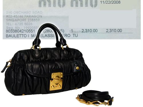 Miu Miu RN0567 Black Calf Bowler Matelasse Leather Ruched Bag with Strap-0