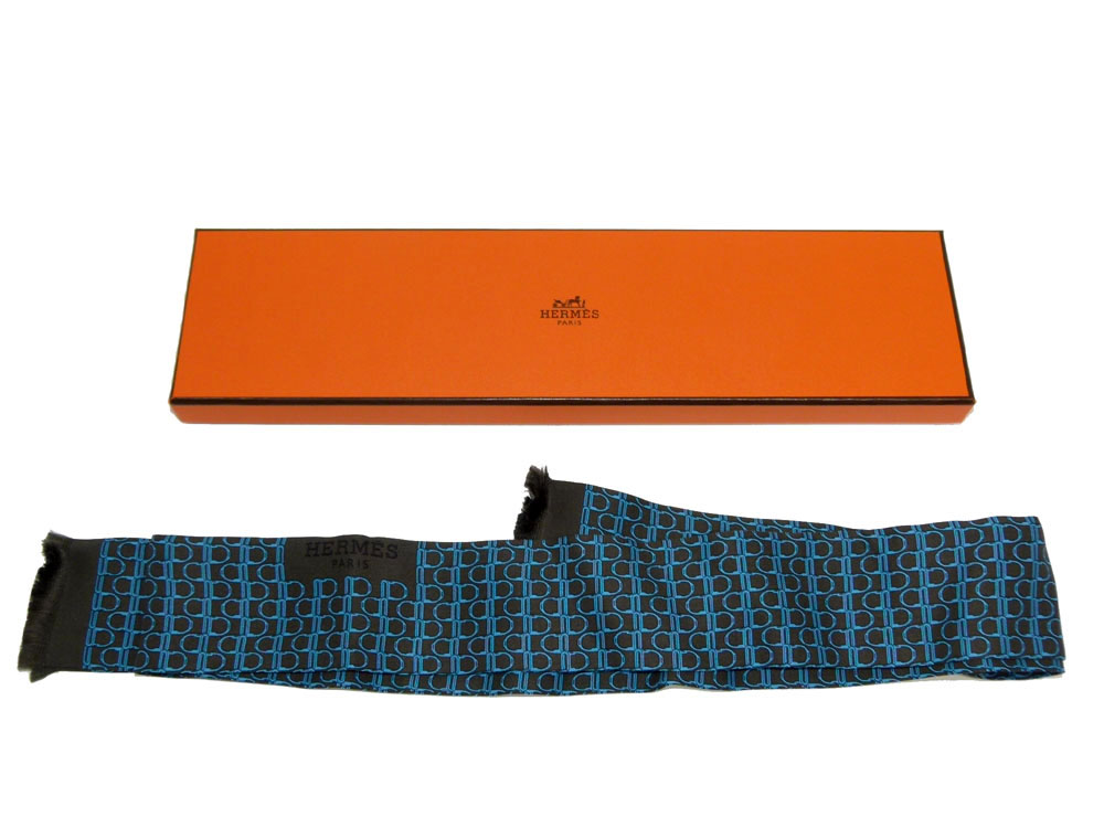 Hermes Silk Men's Scarf Tie in Modern Chain Design in Blue Color-0 Hermes Silk Men's Scarf Tie in Modern Chain Design in Blue Color-0