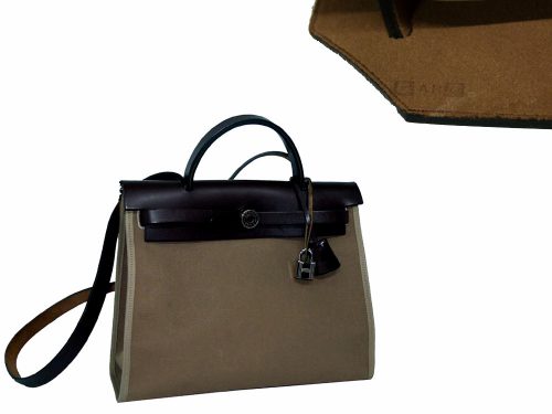 Hermes Herbag Zip 31 Etoupe with Dark Brown Calf Leather PHW 'Q' Stamp -0