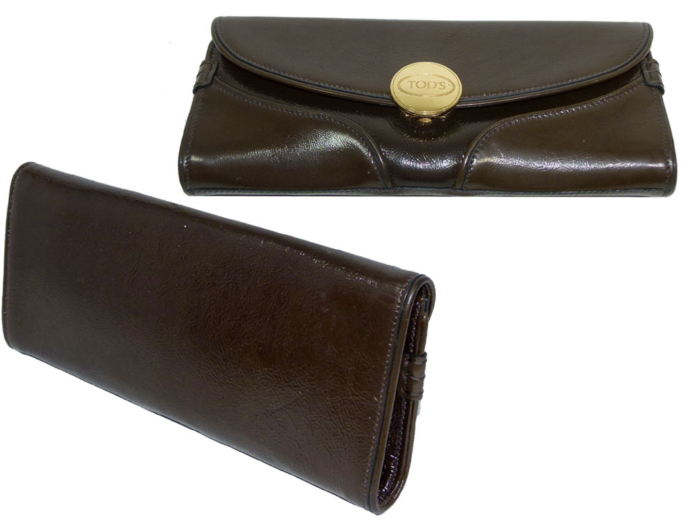 Tods Khaki Patent Clutch Gold Hardware-26368 Tods Khaki Patent Clutch Gold Hardware-26368