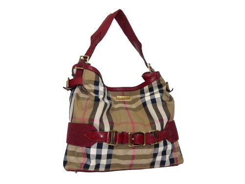 Burberry Nova Cotton Red Calf Leather Trim Hobo Bag-0