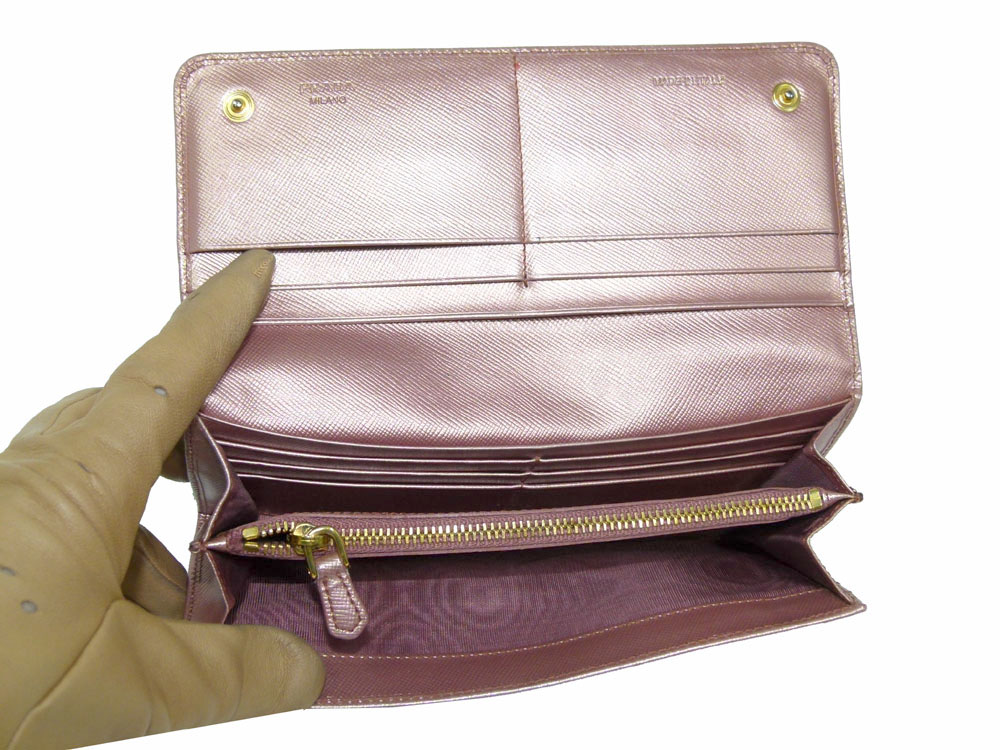 Prada 1M1132 Metallic Pink Saffiano Long Wallet-26439 Prada 1M1132 Metallic Pink Saffiano Long Wallet-26439
