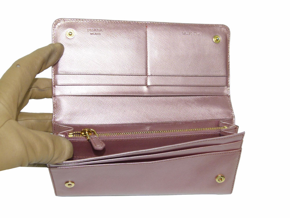 Prada 1M1132 Metallic Pink Saffiano Long Wallet-26442 Prada 1M1132 Metallic Pink Saffiano Long Wallet-26442