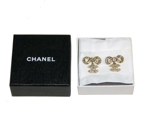 Chanel Ribbon / Bow Crytals with Double C Gold Hardware Earring-0