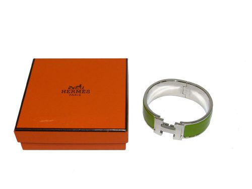 Hermes Clic-Clac H PM 1" Wide Bracelet Green Enamel PHW O Stamp-0