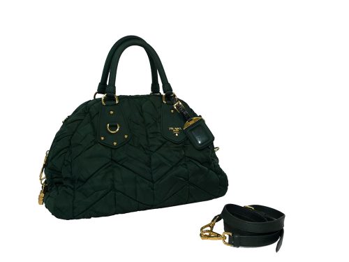 Prada BL0404 Green Tessuto Quilted Chevron Boston Tote With Strap-27932