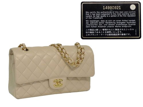 Chanel 14990921 Beige Caviar with Gold Chain Medium 10" Timeless Classic Flap Handbag-0