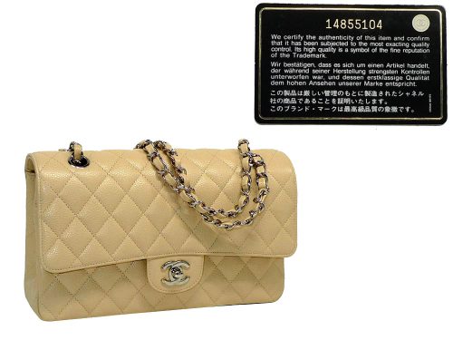 Chanel 14855104 Beige Caviar with Silver Chain Medium 10" Timeless Classic Flap Handbag-0