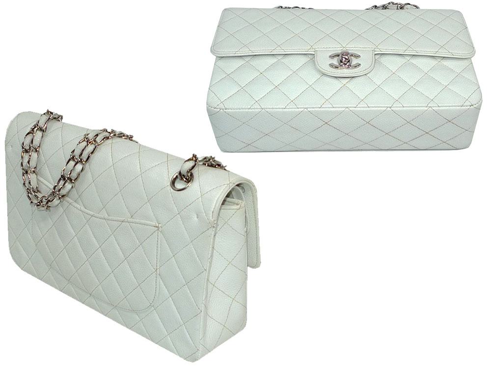 Chanel 6221472 White Caviar Stitching 10" Medium Classic Flap SHW-28848 Chanel 6221472 White Caviar Stitching 10" Medium Classic Flap SHW-28848
