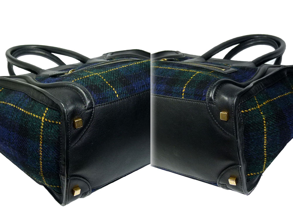 Celine Tartan Midnight Blue Tweed Mini Luggage Tote-29085 Celine Tartan Midnight Blue Tweed Mini Luggage Tote-29085