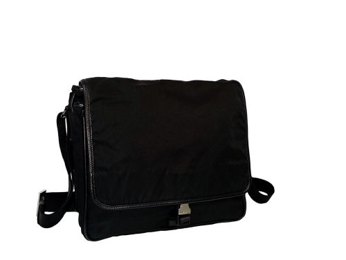 Prada V166 Black Nylon Flap Buckle Unisex Messenger Large-0