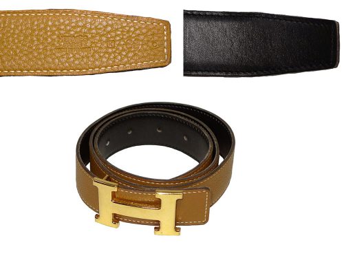 Hermes 80cm Gold/ Brown 32cm K Stamp w Gold H Buckle Belt for Unisex -0