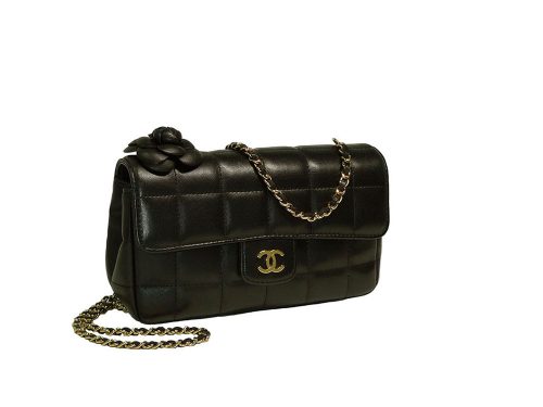 Chanel 13925895 Black Lambskin Chocolate Bar Camellia Flower Mini Flap Golden Hardware-0