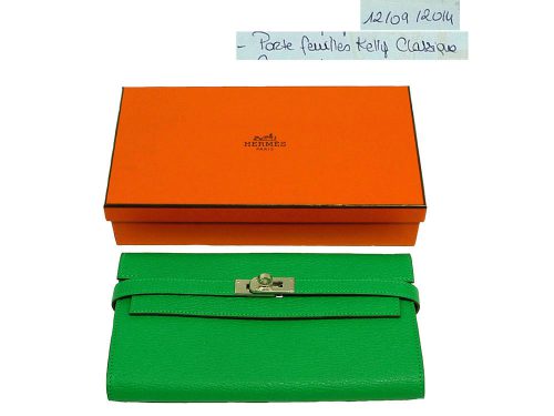 Hermes Mysore Goatskin Green Portefeuille R Stamp Kelly Wallet in Palladium Hardware-0