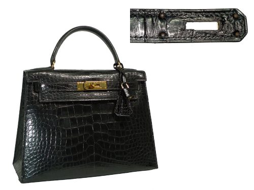 Hermes Vintage Kelly 28 U Circle Stamp Black Alligator Leather in Gold Hardware-0
