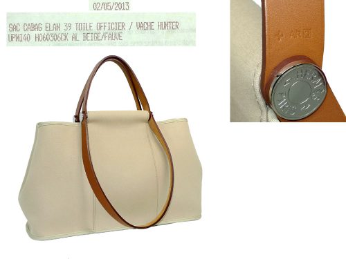 Hermes Cabag Elan 39 Q Stamp Beige/ Fauve Toile Officier -0