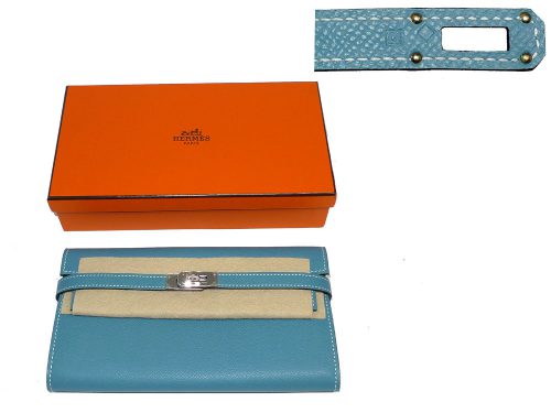Hermes Q Stamp Blue Jean Kelly Wallet Palladium Hardware-0