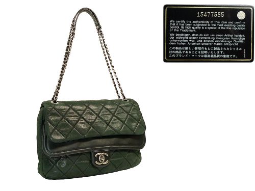 Chanel 15477555 Black/ Dark Green Velvet Leather Double Flap Bag w front pocket Ruthenium Hardware-0