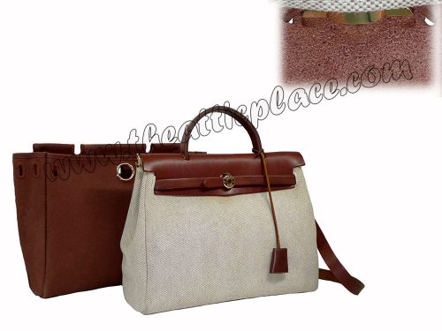 Hermes 2 in 1 Herbag 32cm E Stamp Calf w Brown/ Beige Canvas Gold Hardware-0