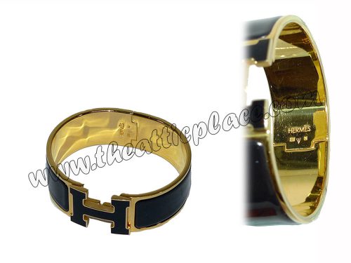 Hermes Black Clic H Wide Bracelet N Stamp Gold Hardware PM Size-0