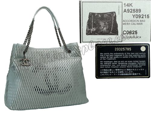Chanel 14K A92589 20025785 Silver/ Bk Lambskin Accordion Mesh Shopping Bag-0