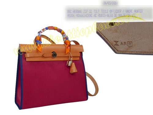 Hermes Herbag Zip 31 Ruby/ Bleu De Malte with Natural Calf Leather R Stamp PHW-0