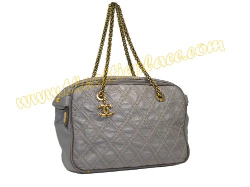 Chanel 14554767 Grey Distressed Leather Stitiching Zip-Top Boston Bag Mat Gold Hardware-0