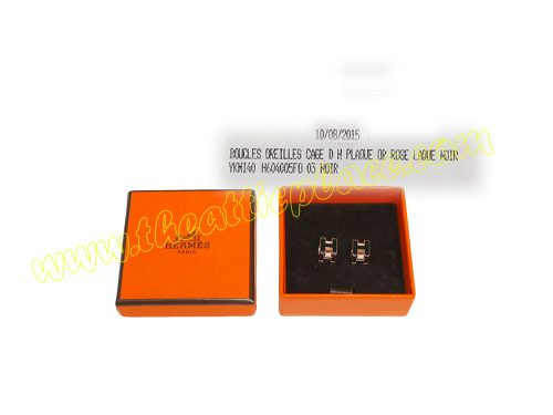 Hermes Oreilles Cage D H Plaque Rose Laque Black Earring-0