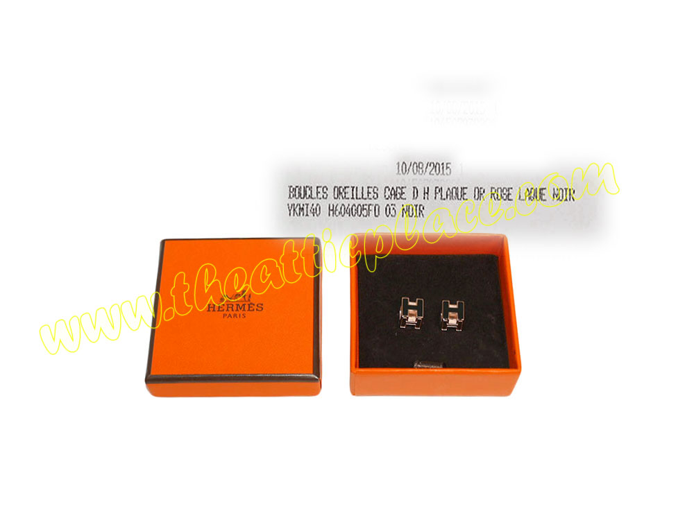 Hermes Oreilles Cage D H Plaque Rose Laque Black Earring-0 Hermes Oreilles Cage D H Plaque Rose Laque Black Earring-0