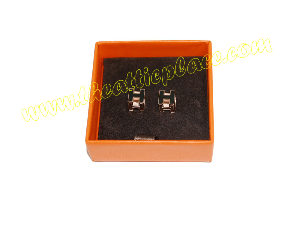 Hermes Oreilles Cage D H Plaque Rose Laque Black Earring-36624 Hermes Oreilles Cage D H Plaque Rose Laque Black Earring-36624