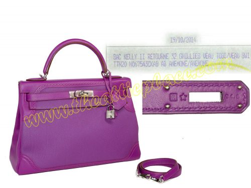 Hermes Kelly 32 Ghillies bag Retourne Anemone Swift leather/Togo leather Silver hardware-0