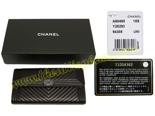 Chanel boy 21004362 Black Lambskin with Herringbone Quilting Flap Long Wallet-0