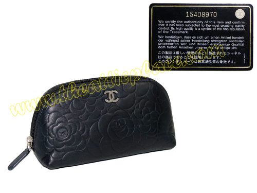 Chanel 15408970 Black Lambskin Camelia Cosmetic Pouch-0