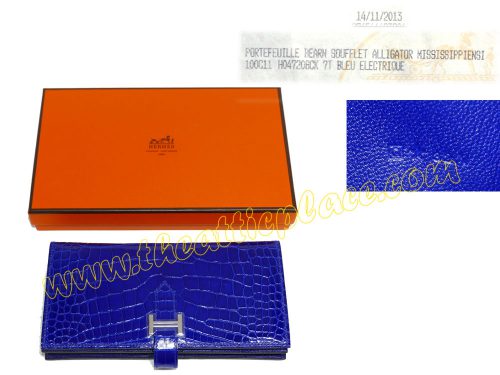 Hermes Bearn Wallet Q Stamp Soufflet Alligator Blue Electricque Palladium Hardware-0