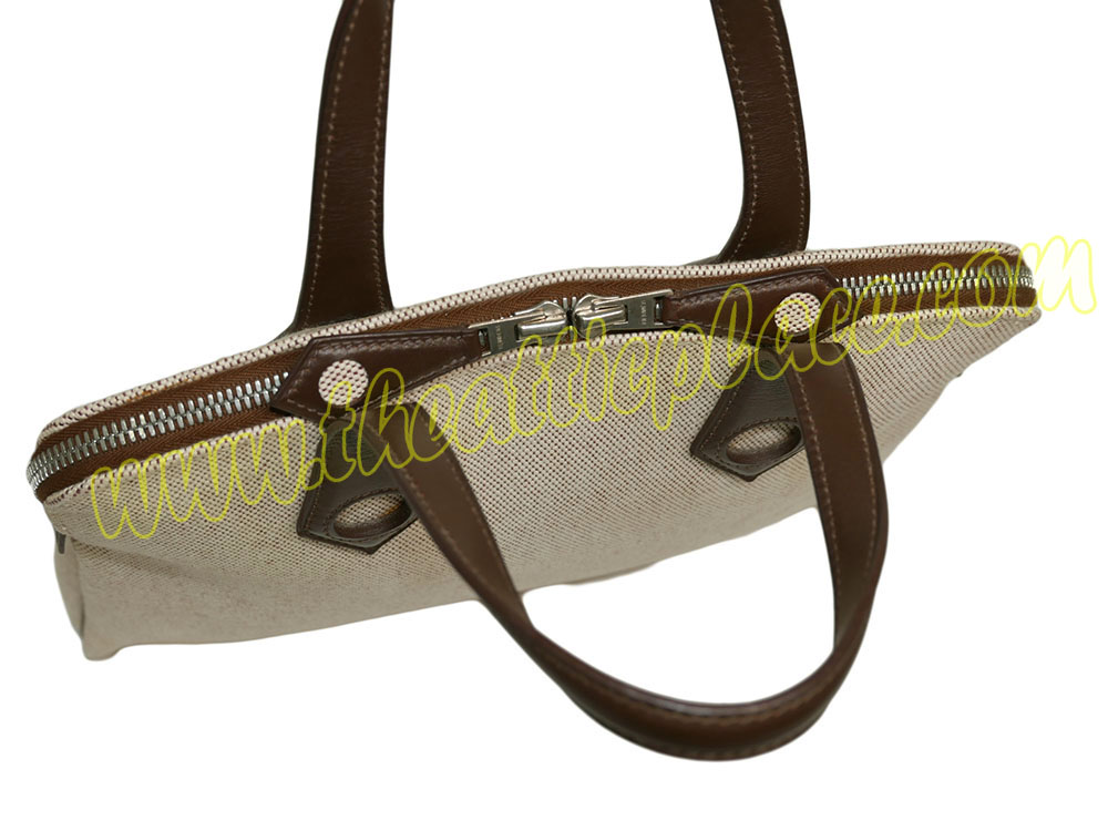 Hermes Heeboo PM J Stamp Canvas Beige/ Brown Tote S-39194 Hermes Heeboo PM J Stamp Canvas Beige/ Brown Tote S-39194