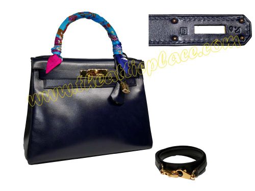 Hermes Kelly 28 Vintage Box Leather Stamp B Blue Indigo Gold Hardware w Strap-0
