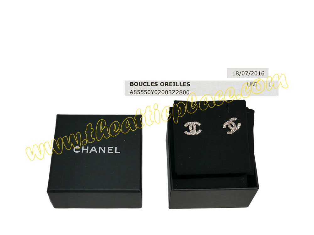 Chanel A85550Y Gold CC Logo with White Rhinestones Studs/ Pierce Earrings -0 Chanel A85550Y Gold CC Logo with White Rhinestones Studs/ Pierce Earrings -0