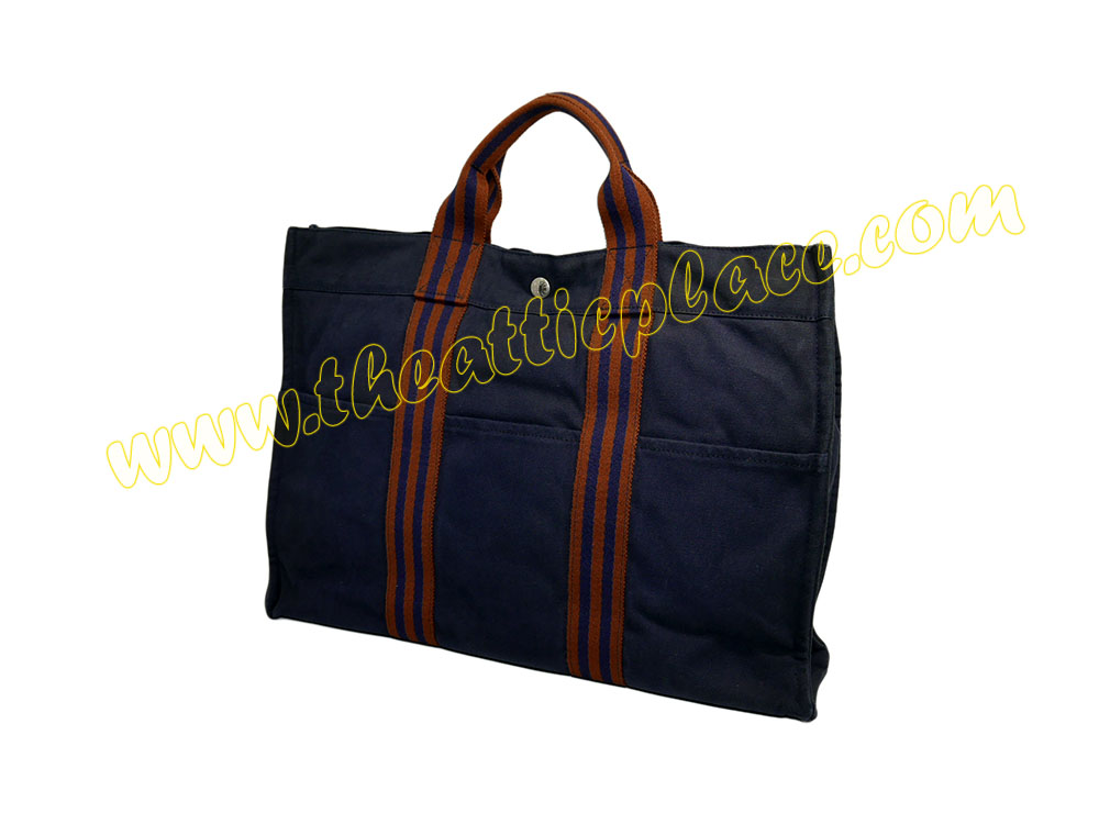 Hermes Blue / Red Canvas Herline MM Tote -39951 Hermes Blue / Red Canvas Herline MM Tote -39951