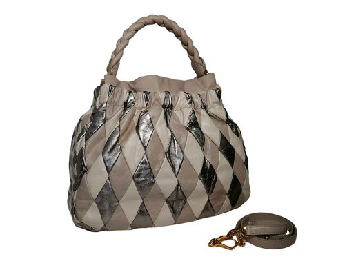 Miu Miu RR1428 Beige/ Silver / Grey Vitello Leather Harlequin Patchwork Bag-0