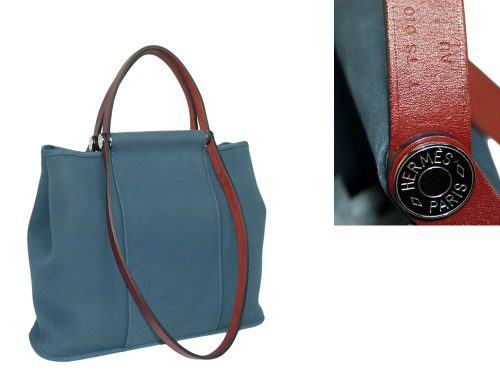 Hot Buy !! Hermes Cabag 32 Bleu Tempete / Rouge H Toile Officier Canvas Tote-0