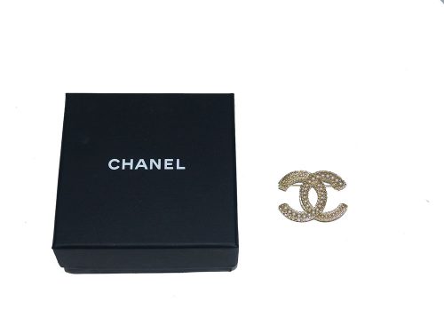 Chanel 14B Mat Gold Double C with Tiny Pearls Brooch-0