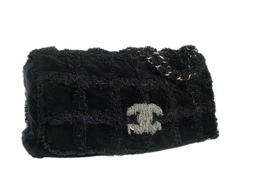 Chanel 11816216 Silver Chain Fringe CC Logo Buckle with Black Quilted Tweed Jumbo XL Bag-0