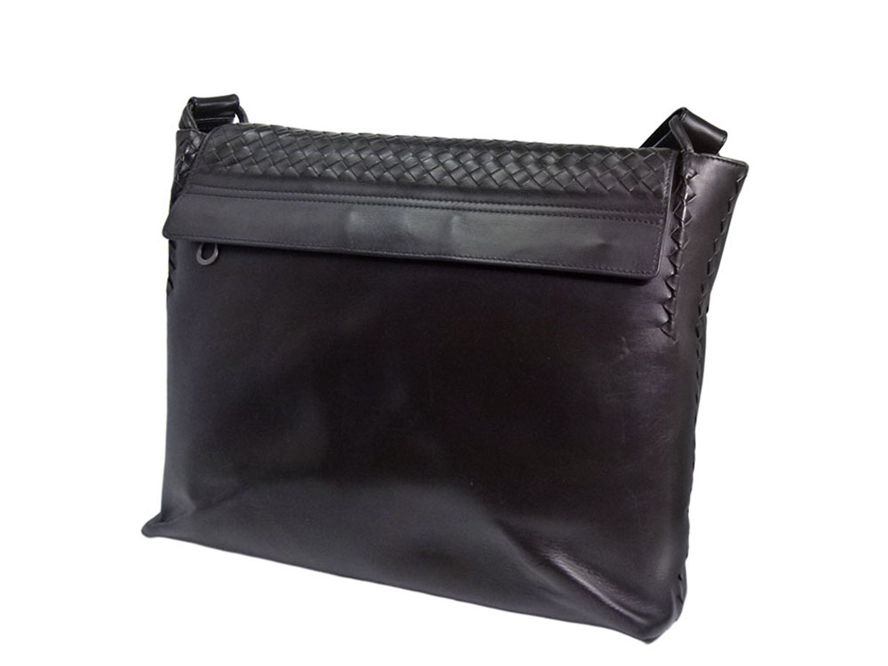 Bottega Veneta 221065 Black Men's Woven Flap Messenger Bag-31539 Bottega Veneta 221065 Black Men's Woven Flap Messenger Bag-31539