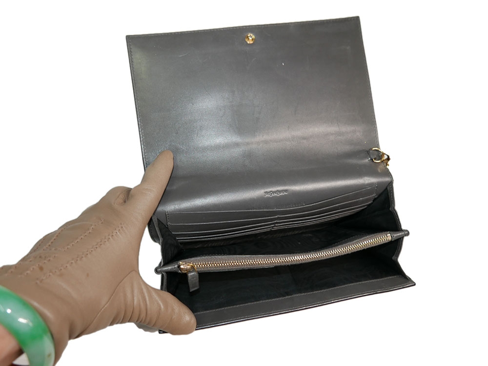 Yves Saint Laurent/ YSL Olive Green Envelope Leather Wallet on Chain Clutch/ Shoulder Bag-31698 Yves Saint Laurent/ YSL Olive Green Envelope Leather Wallet on Chain Clutch/ Shoulder Bag-31698
