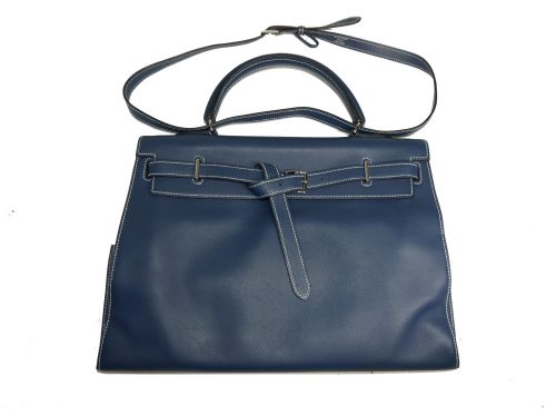 Rare Finds ! Hermes Kelly Flat 35 Blue De Prusse Swift Leather L Stamp Palladium Hardware-0