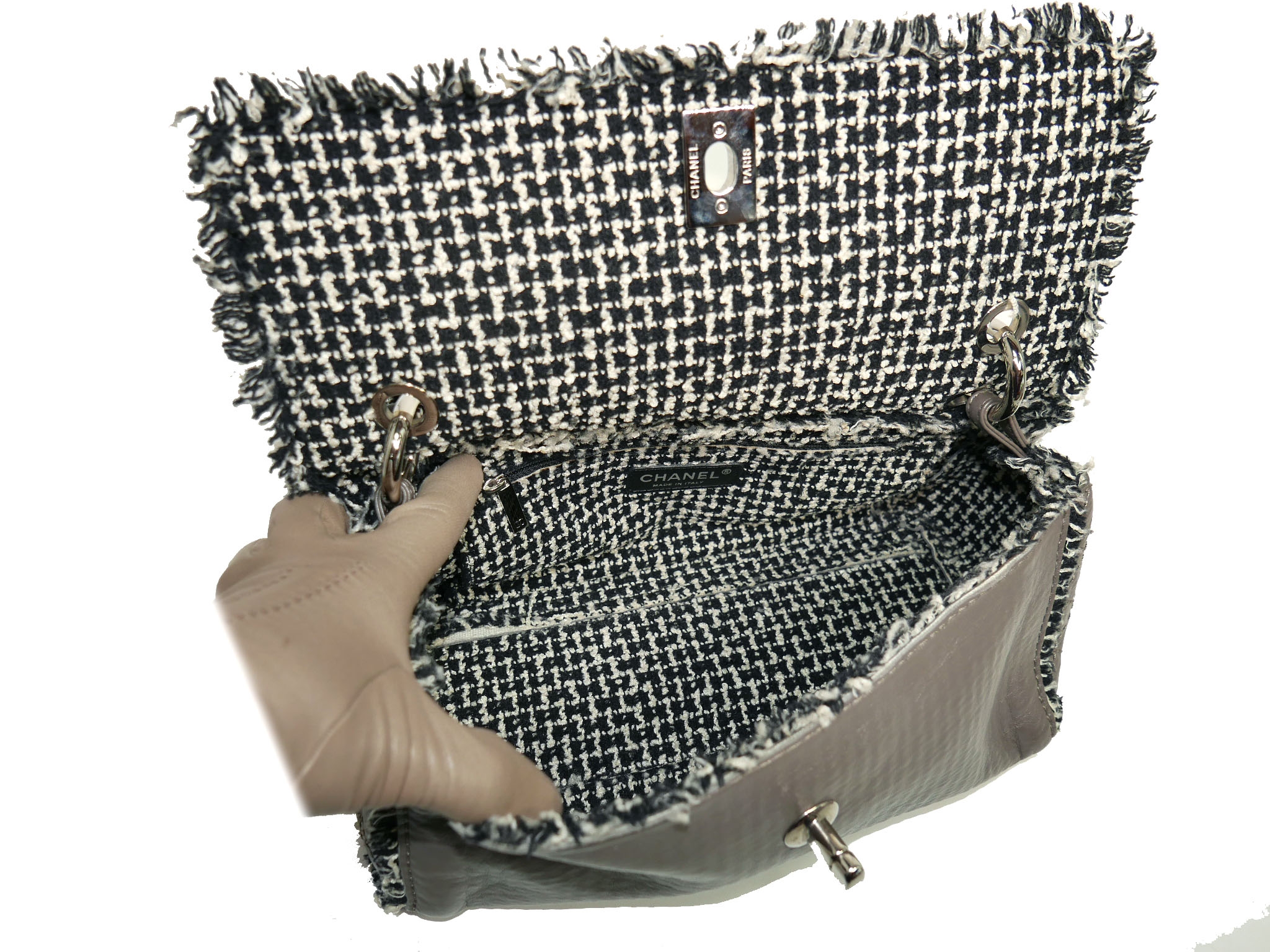 Chanel 13128699 Distressed Taupe Calfskin Tweed Trimmed Flap Bag -33076 Chanel 13128699 Distressed Taupe Calfskin Tweed Trimmed Flap Bag -33076