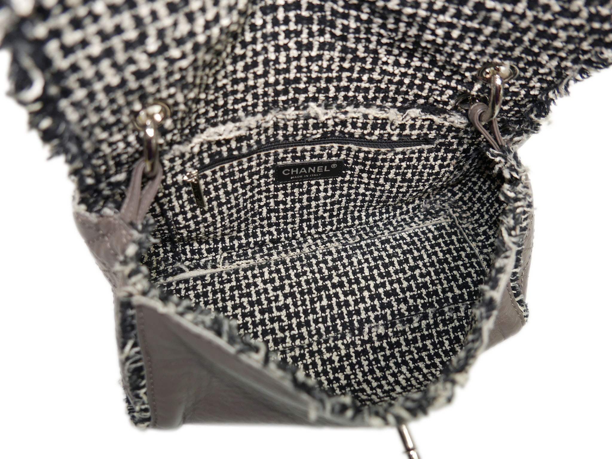 Chanel 13128699 Distressed Taupe Calfskin Tweed Trimmed Flap Bag -33083 Chanel 13128699 Distressed Taupe Calfskin Tweed Trimmed Flap Bag -33083