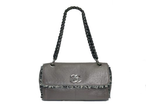 Chanel 13128699 Distressed Taupe Calfskin Tweed Trimmed Flap Bag -0