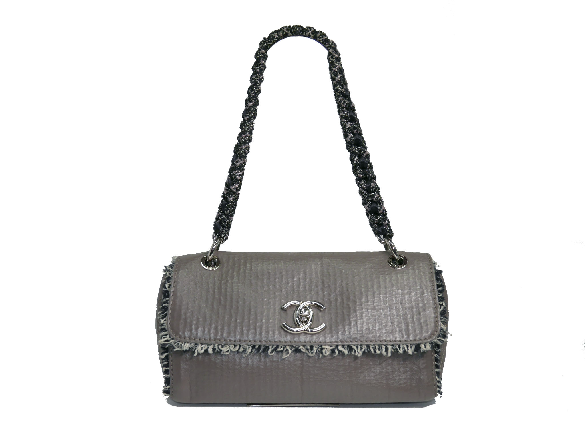 Chanel 13128699 Distressed Taupe Calfskin Tweed Trimmed Flap Bag -0 Chanel 13128699 Distressed Taupe Calfskin Tweed Trimmed Flap Bag -0